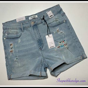 Judy Blue High Rise Cuffed Serape Patch Light Wash Destroyed shorts